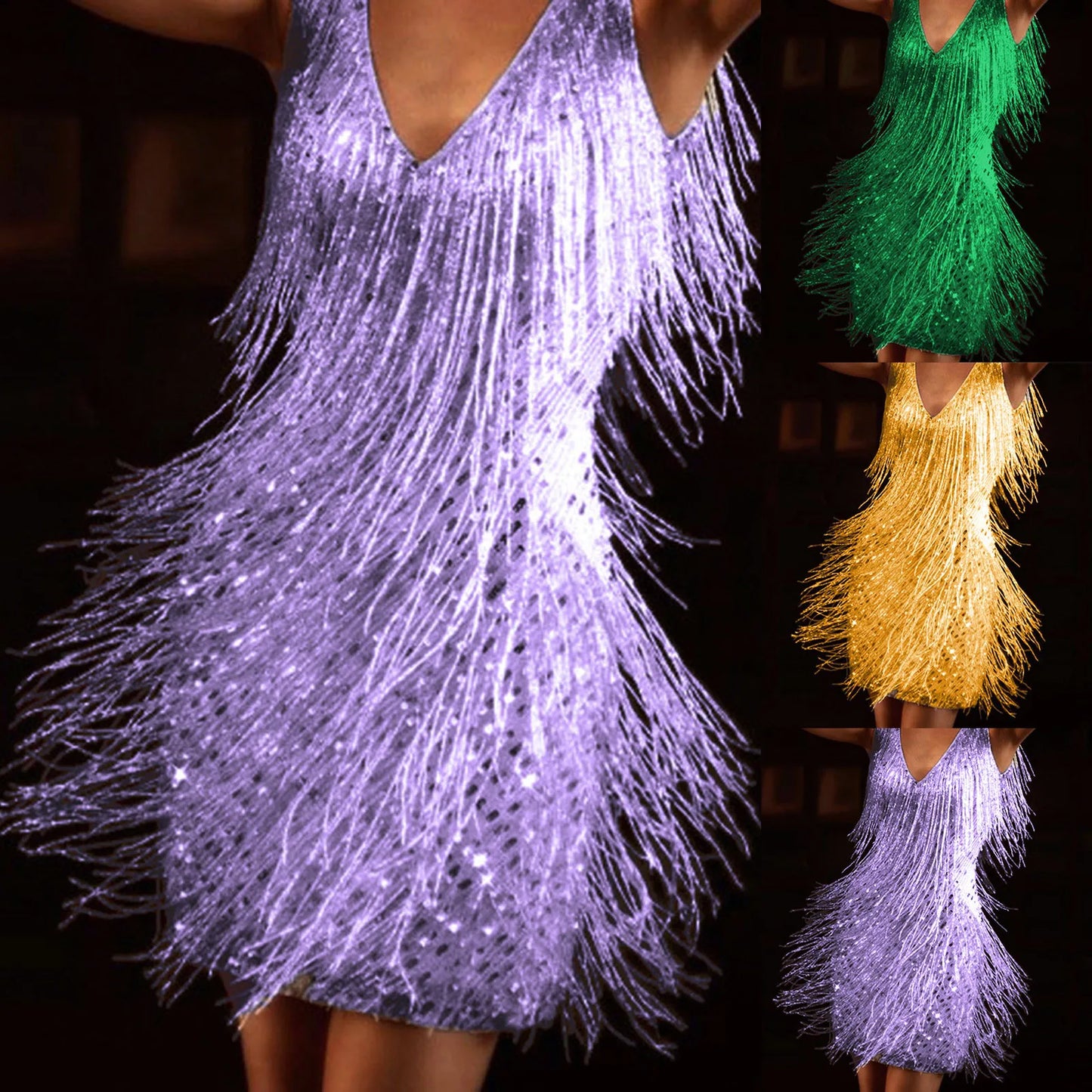 V Neck Sparkly Sleeveless Tassel Dress