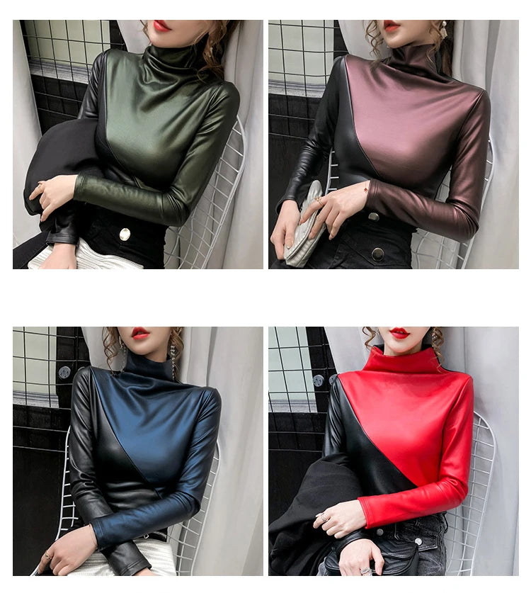 PU Leather Turtleneck Long Sleeve Blouse