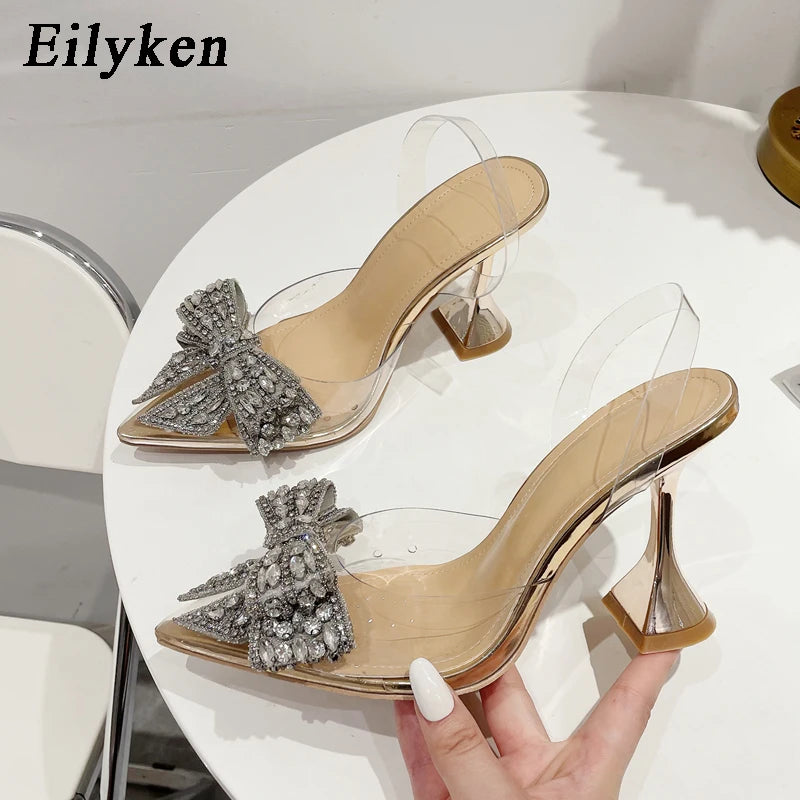 Crystal Sequin Bowknot Pointed Toe PVC Transparent High Heel Shoes