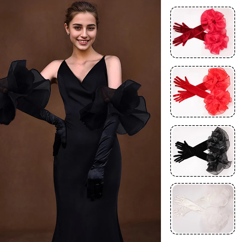 Velvet Ruffle Long Full Finger  Sleeve Glove