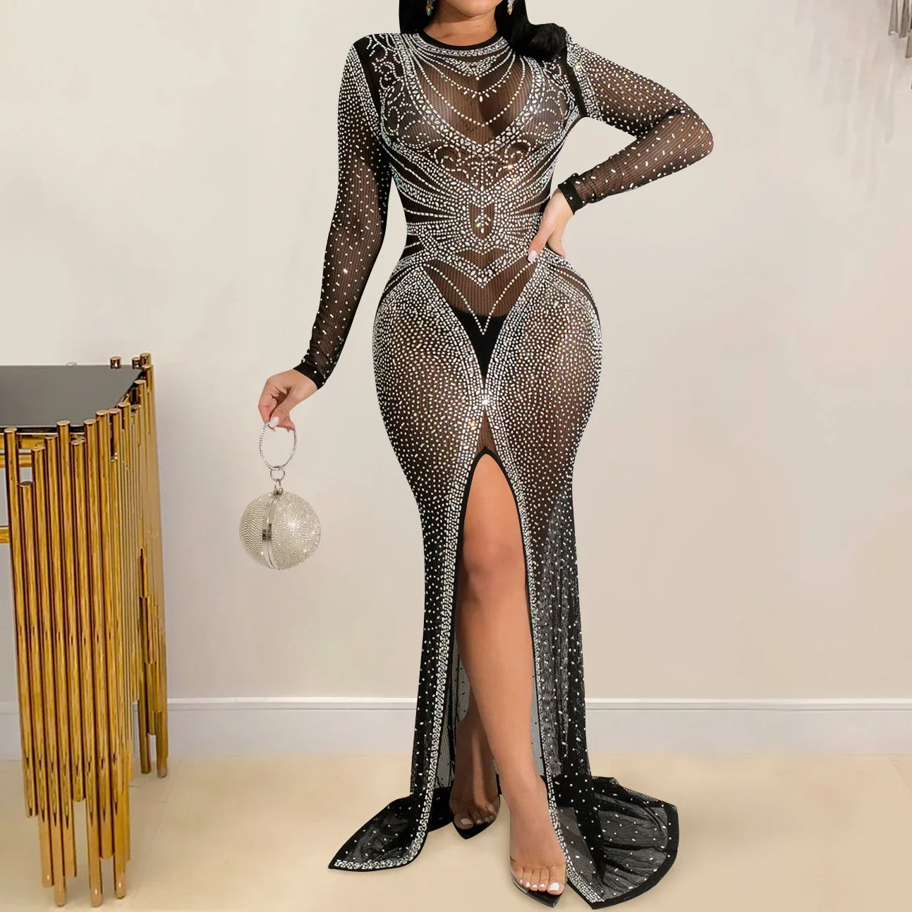 Rhinestone Mesh Long-sleeve Front-slit Dress