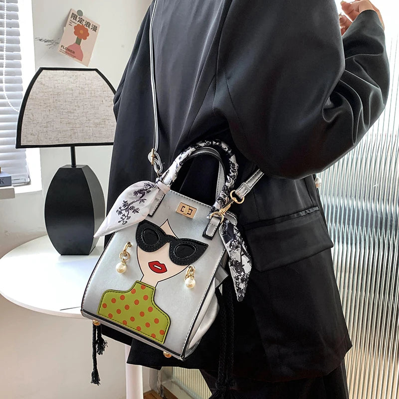 Woman's Face Novelty Print PU Leather Shoulder Crossbody Handbag