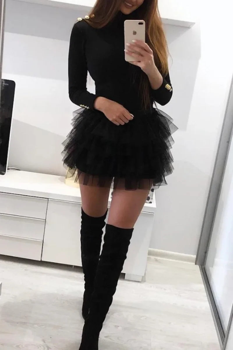 Mesh Ruffle Layered Long Sleeve Mini Dress