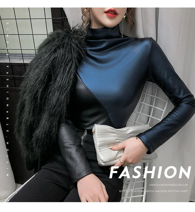 PU Leather Turtleneck Long Sleeve Blouse