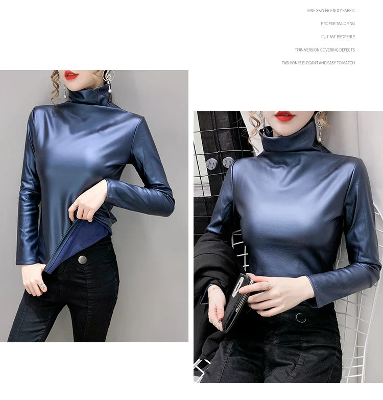 PU Leather Turtleneck Long Sleeve Blouse