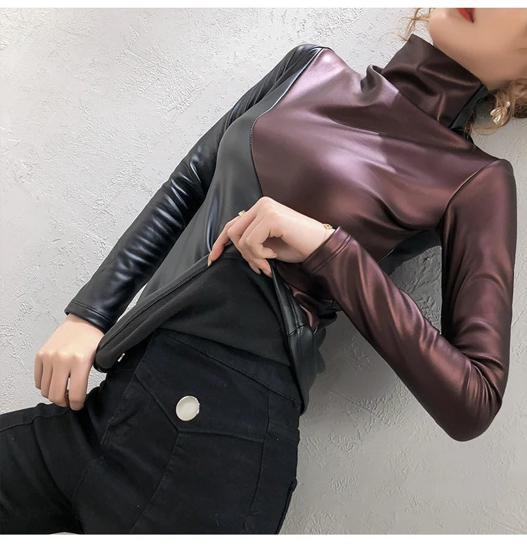 PU Leather Turtleneck Long Sleeve Blouse