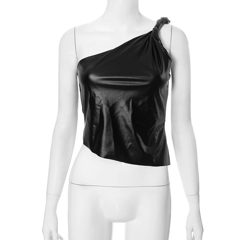 Pu Leather One Shoulder Top