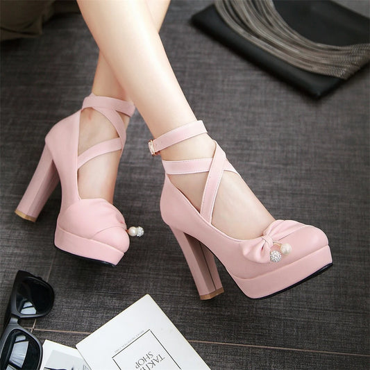 Cross-tied Ankle Strap Bow Platform High Heels Shoes