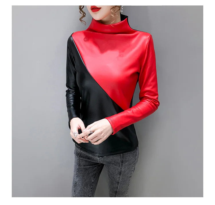 PU Leather Turtleneck Long Sleeve Blouse