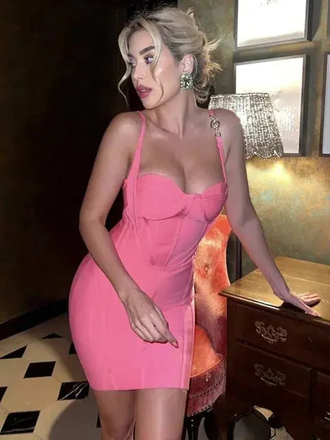 Pink V-Neck Backless Dress