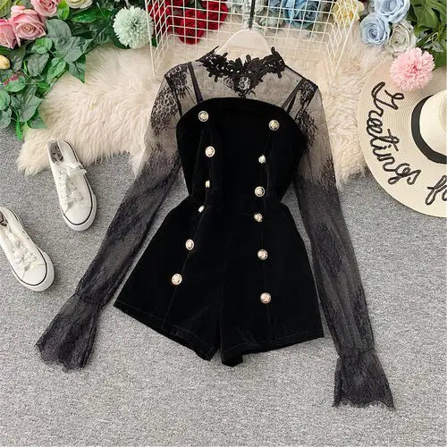 Lace Patchwork Long Sleeve Shorts Jumpsuit