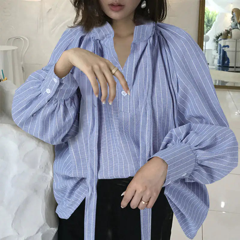 Bow Stand Collar Lantern Sleeves Blouse