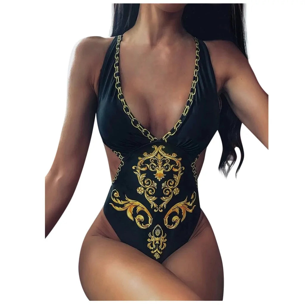 Baroque Print Criss Cross Monokini Swimsuit