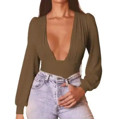 Plunging Neck Lantern Sleeve Bodysuit