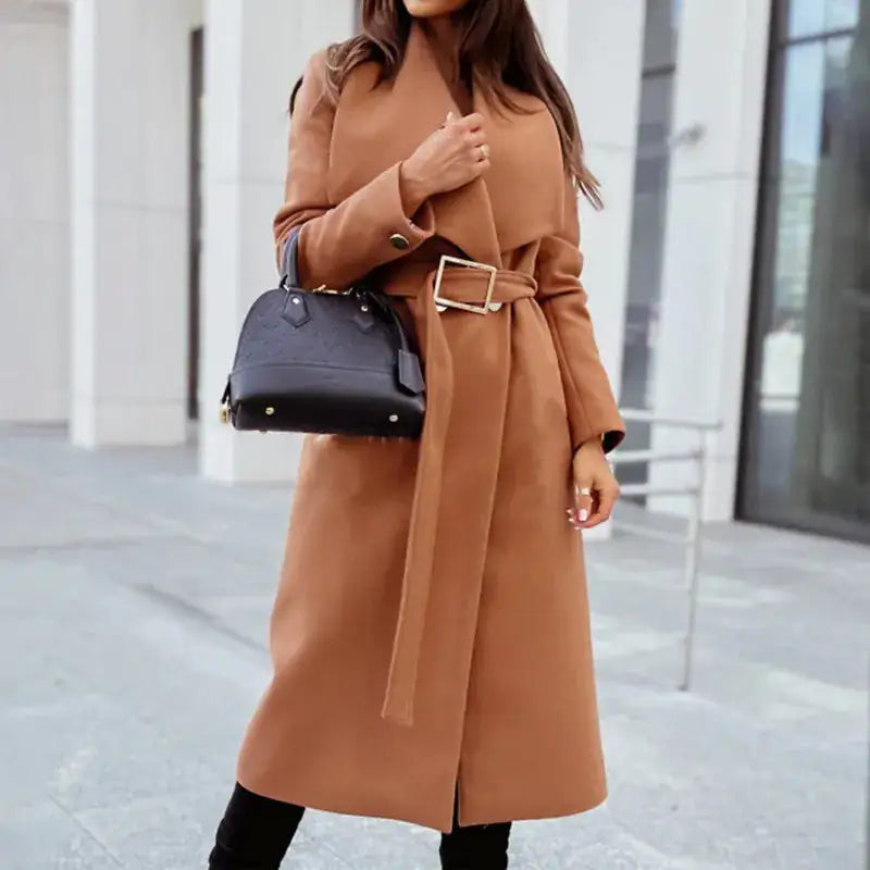 Large Lapel Long Sleeve Belted Coat