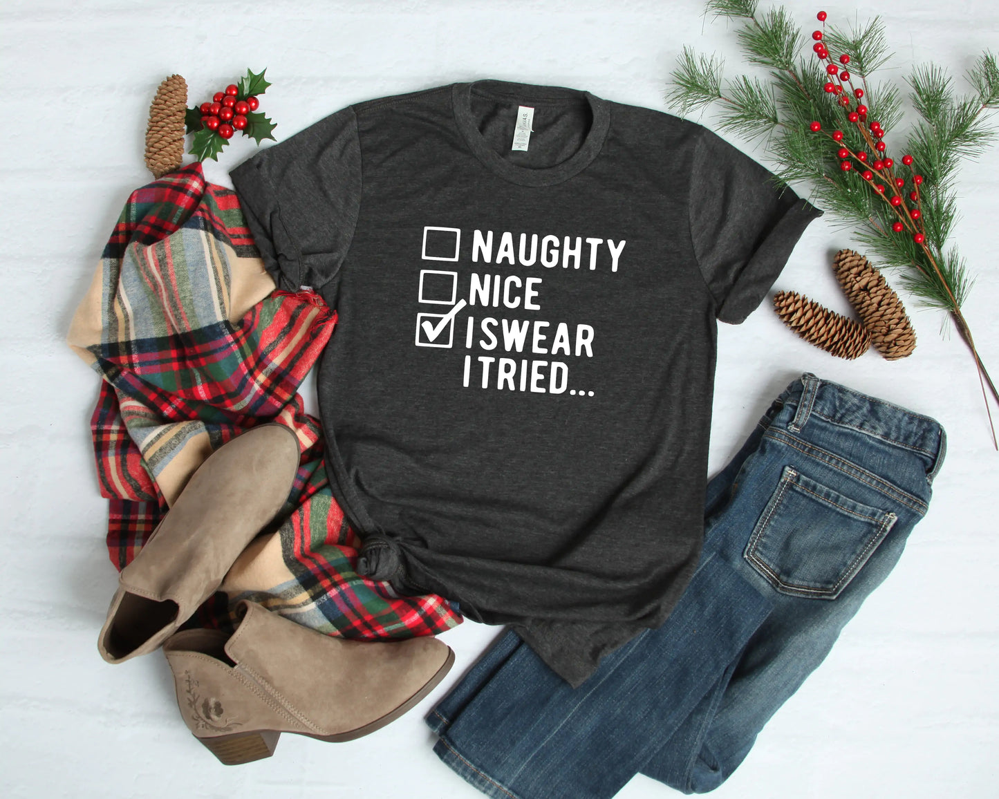 "I Swear I Tried" Print Christmas T-Shirt