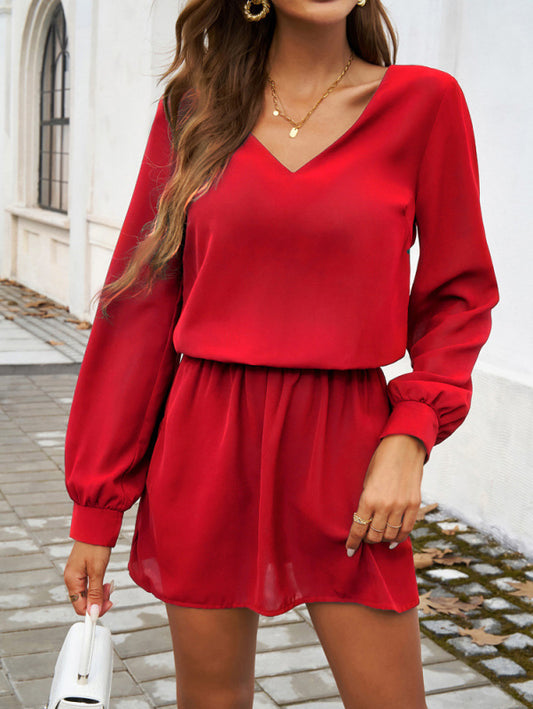 V Neck Puff Long-sleeved Short Dress