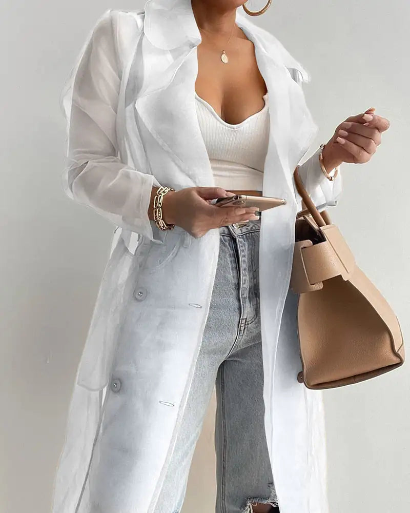 Mesh See-Through Tie-belt Coat