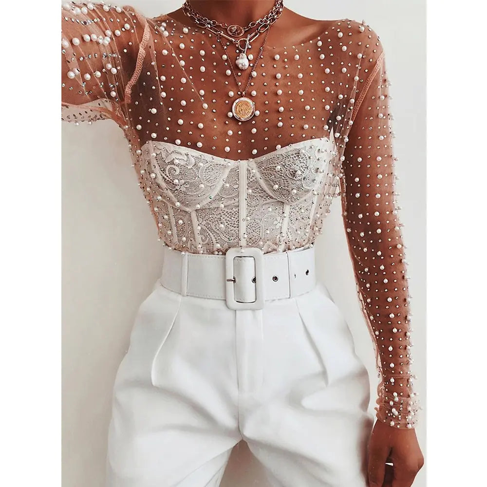 Pearl and Diamante Mesh Patchwork Crop Top