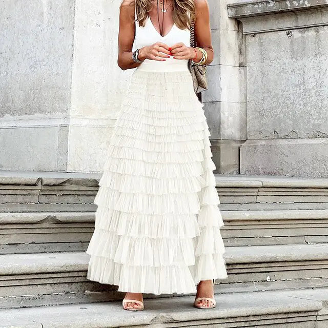 Ruffle Elastic Waist Long Skirt