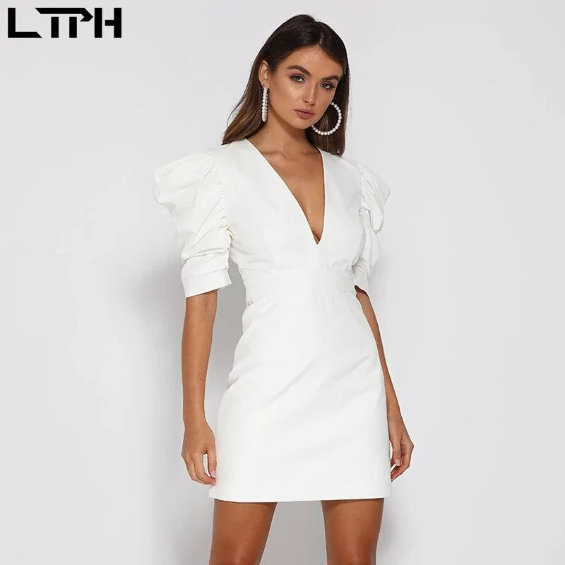 V-neck Ruched Sleeves Backless Dress