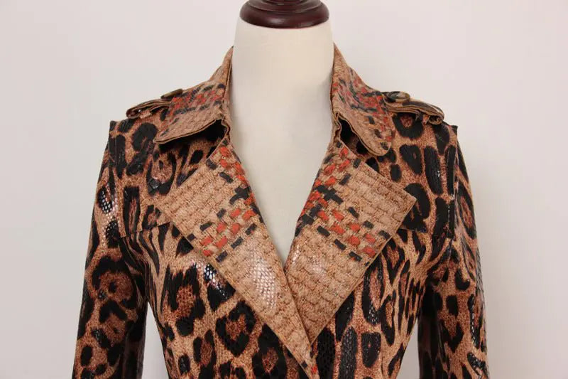 Leopard Print PU Leather Trench Coat