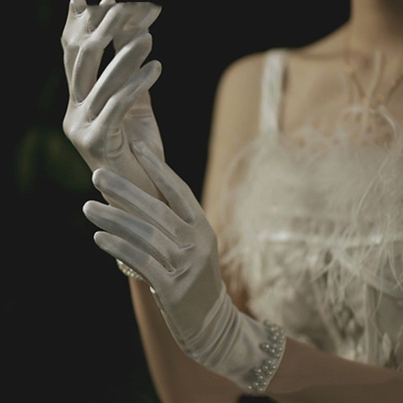 Satin Pearl Lace Bow Short Gloves