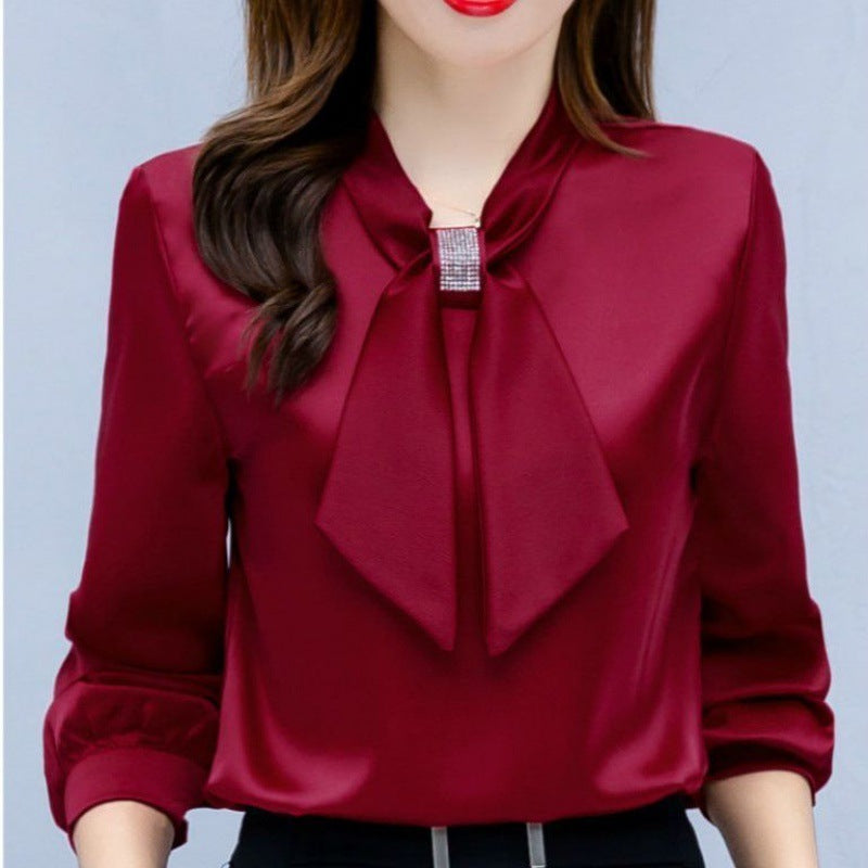 Satin V-Neck Bow Diamante Long Sleeve Blouse