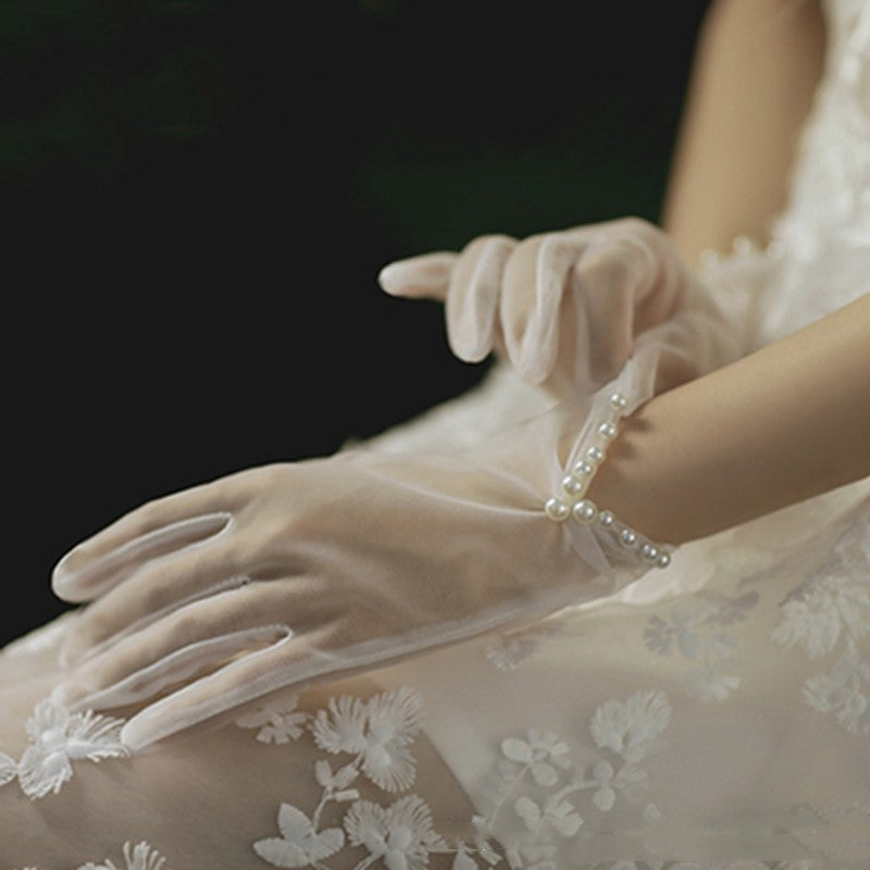 Satin Pearl Lace Bow Short Gloves