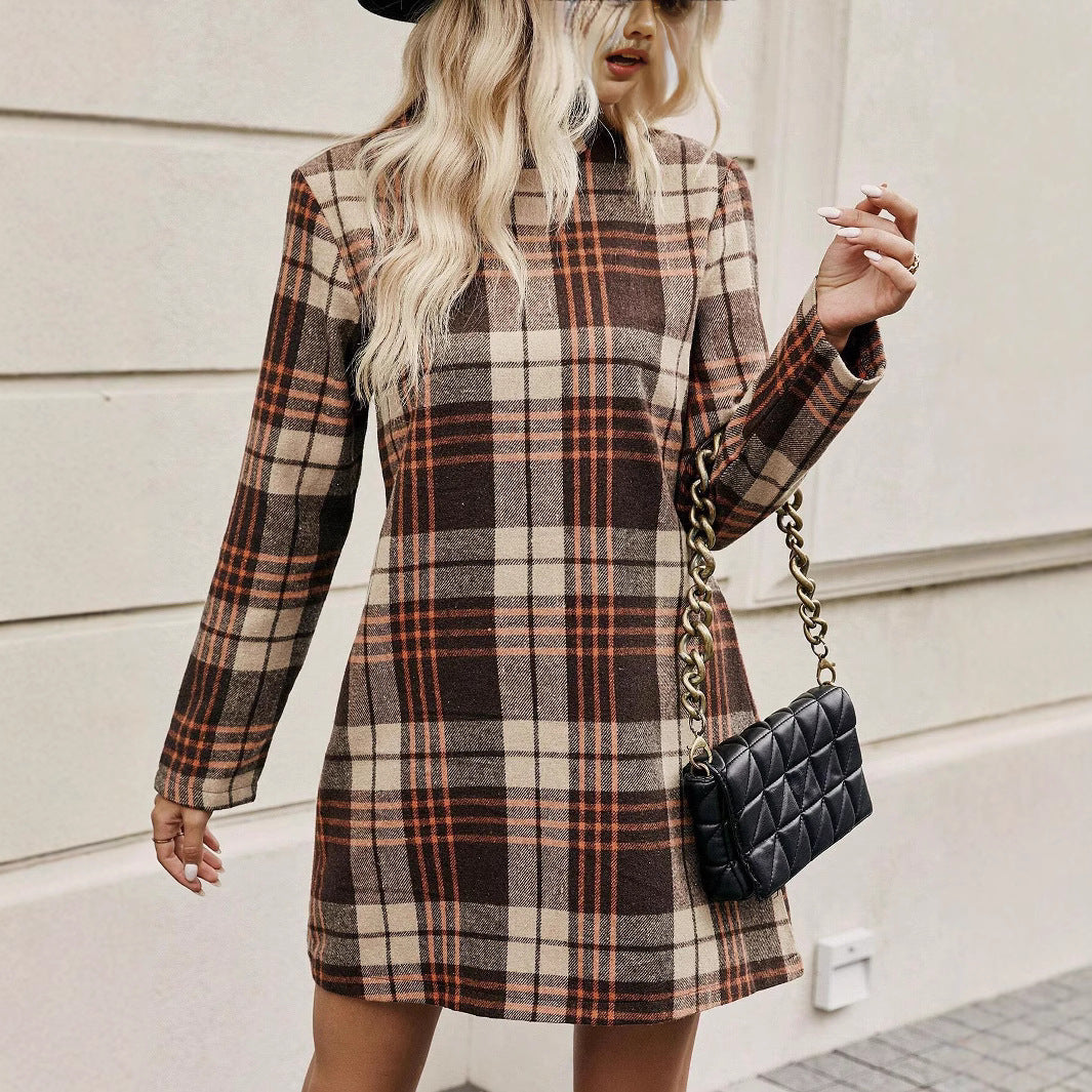 Brown Plaid Long Sleeve Dress