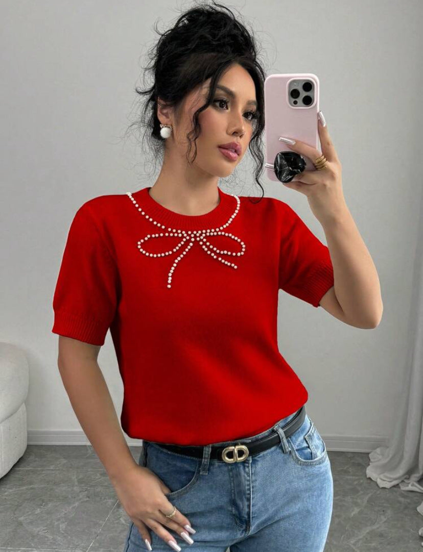Rhinestone Bow Short Sleeve Slim Top