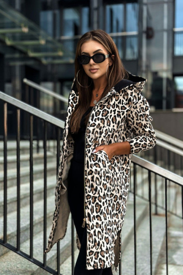 Trench Animal Print Hooded Long-sleeved Coat