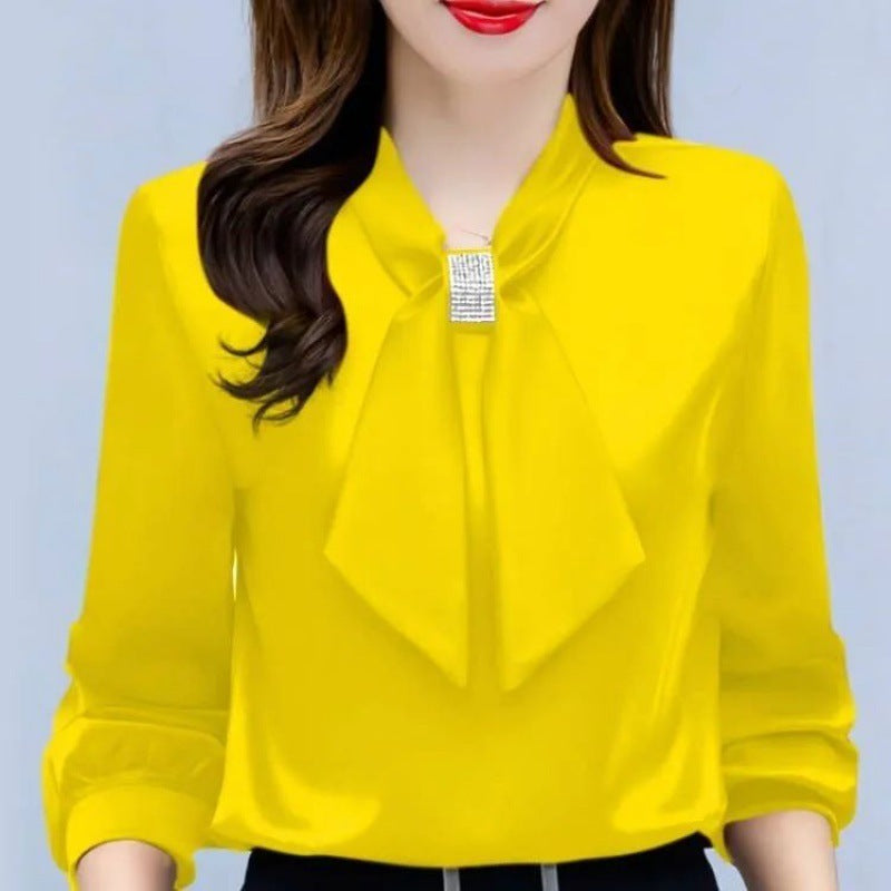 Satin V-Neck Bow Diamante Long Sleeve Blouse