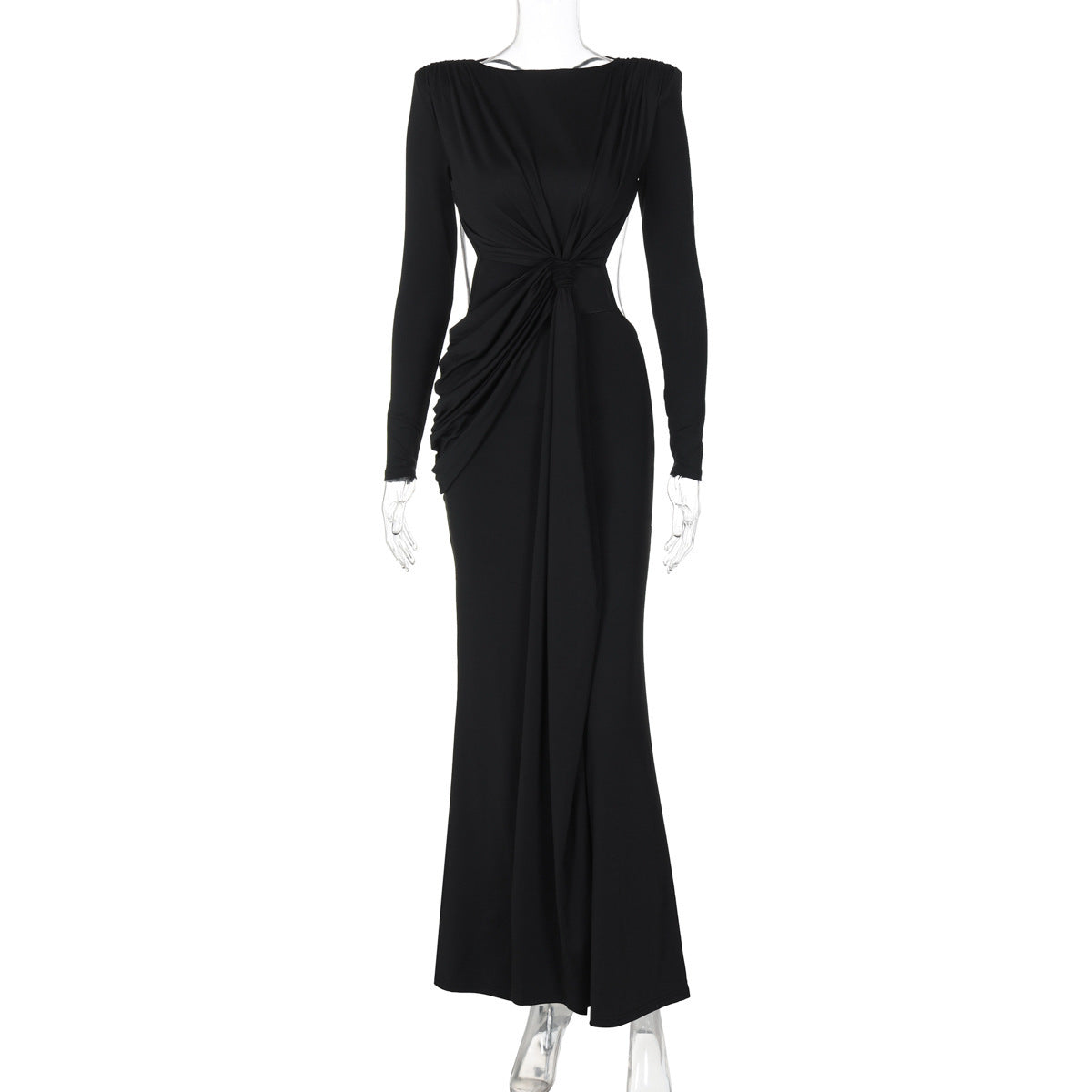 Pleated Hollow Backless Long-sleeve Maxi Dress