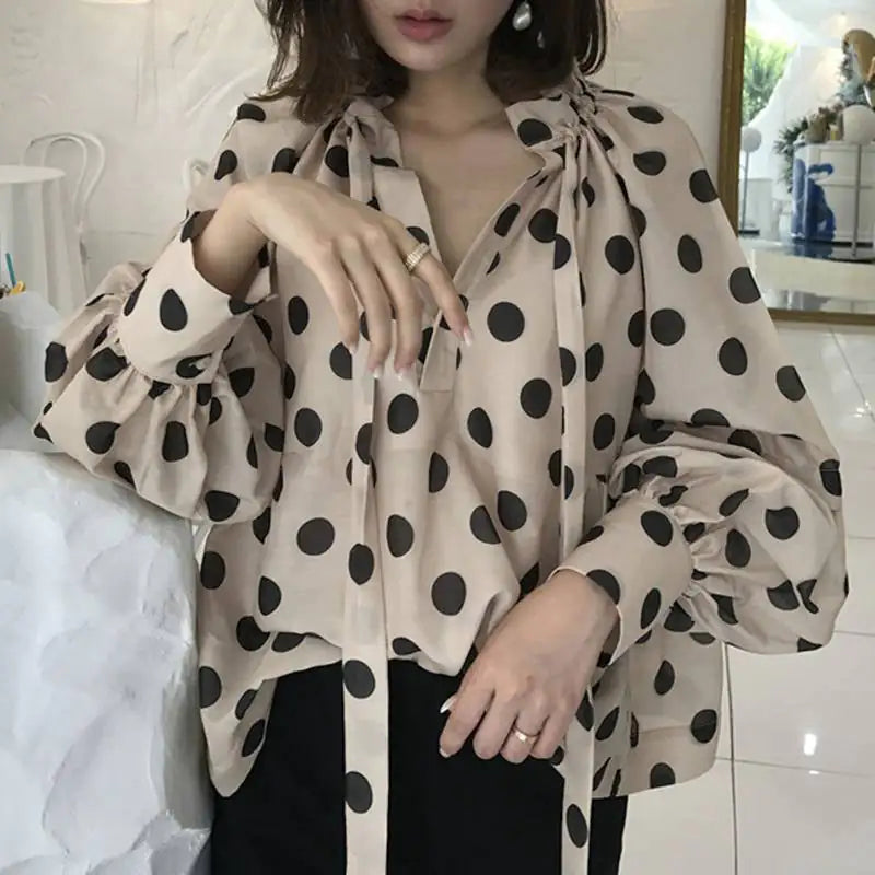 Bow Stand Collar Lantern Sleeves Blouse