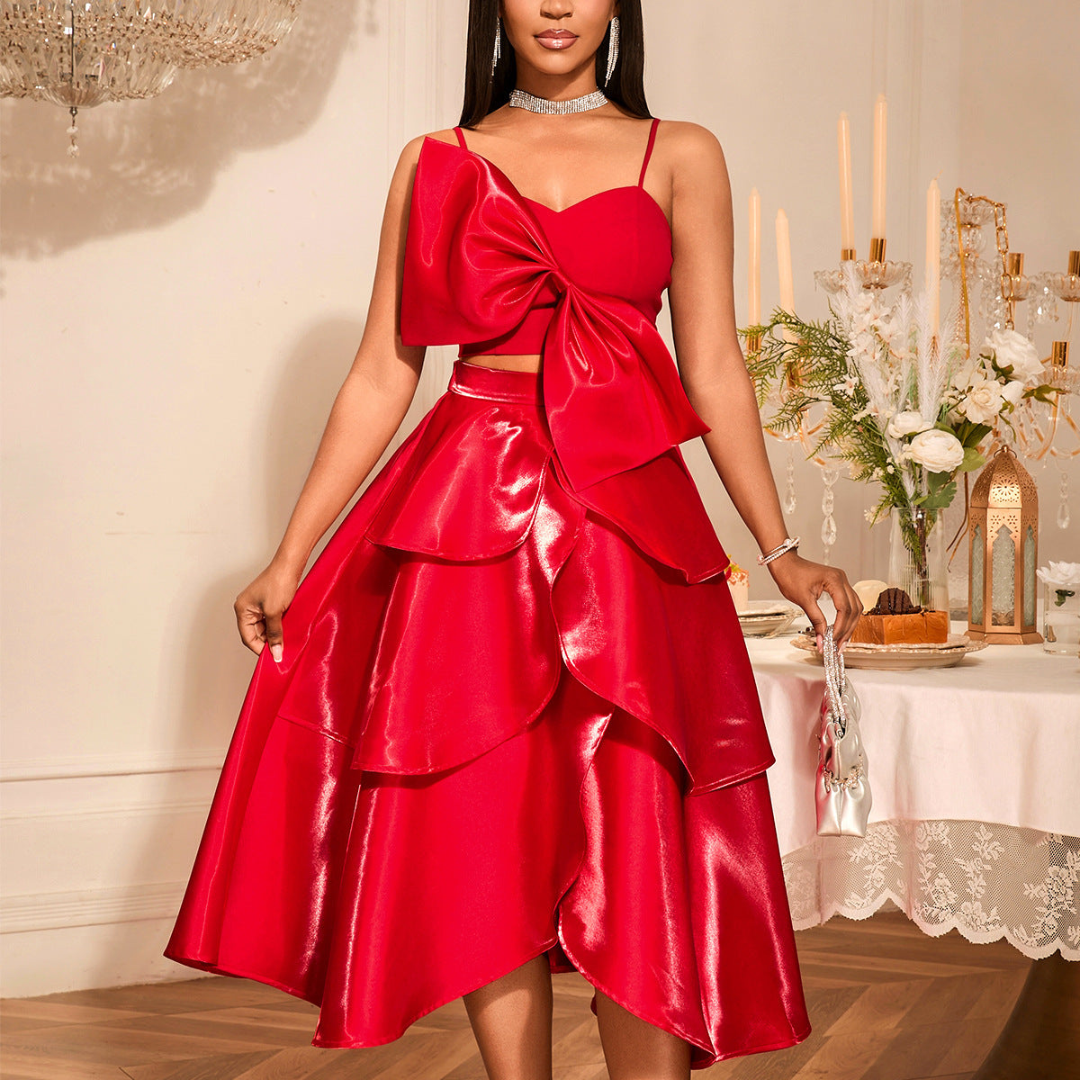 Large Bow Camisole Irregular Skirt Two-piece Suit