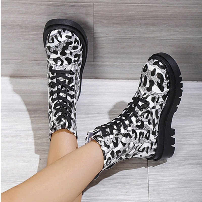 Black White Leopard Print Low Heel Boots