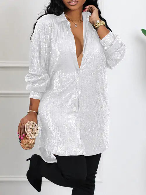 Sequin Long Sleeve Shirt Dress