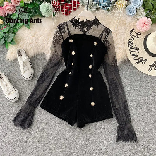 Lace Patchwork Long Sleeve Shorts Jumpsuit