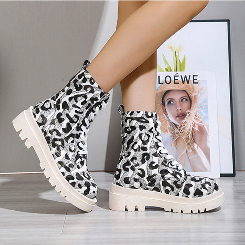 Black White Leopard Print Low Heel Boots
