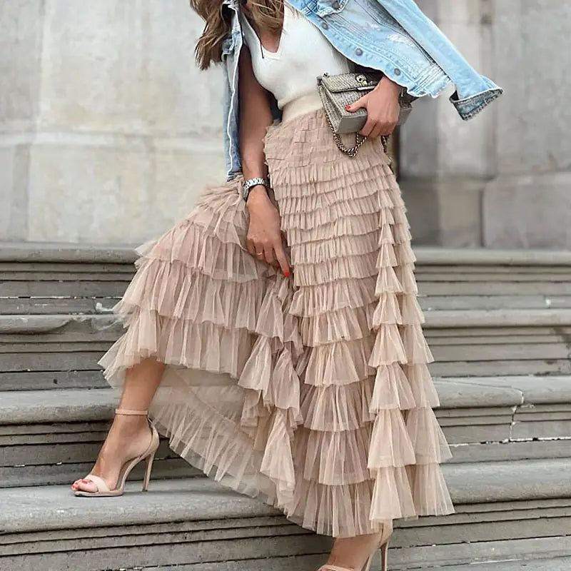 Ruffle Elastic Waist Long Skirt