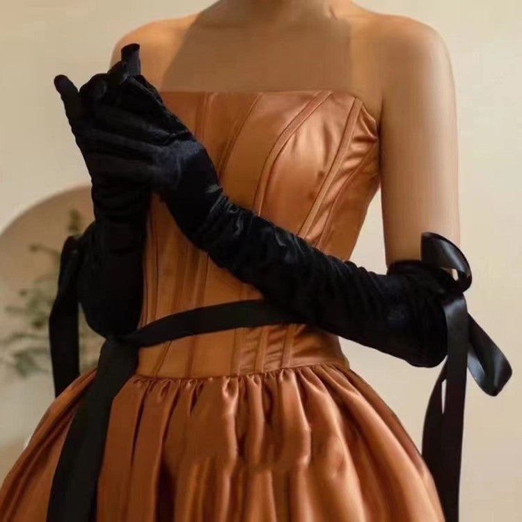 French Retro Pearl Bow Long Black Gloves