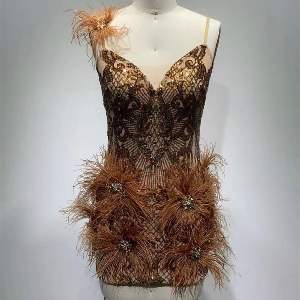 Sequin Mesh Feather Dress