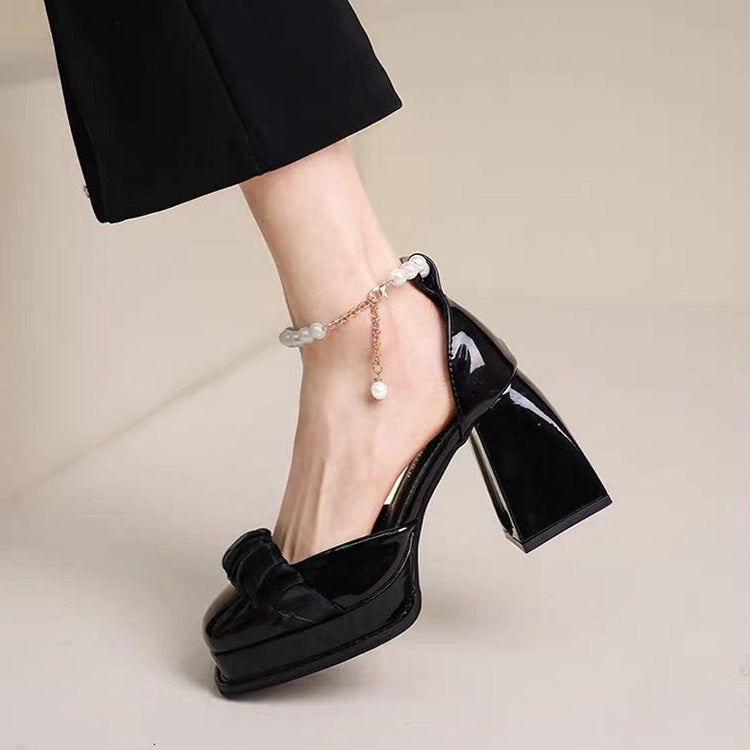 Pearl Strap Chunky Heel Square Toe Leather Shoes