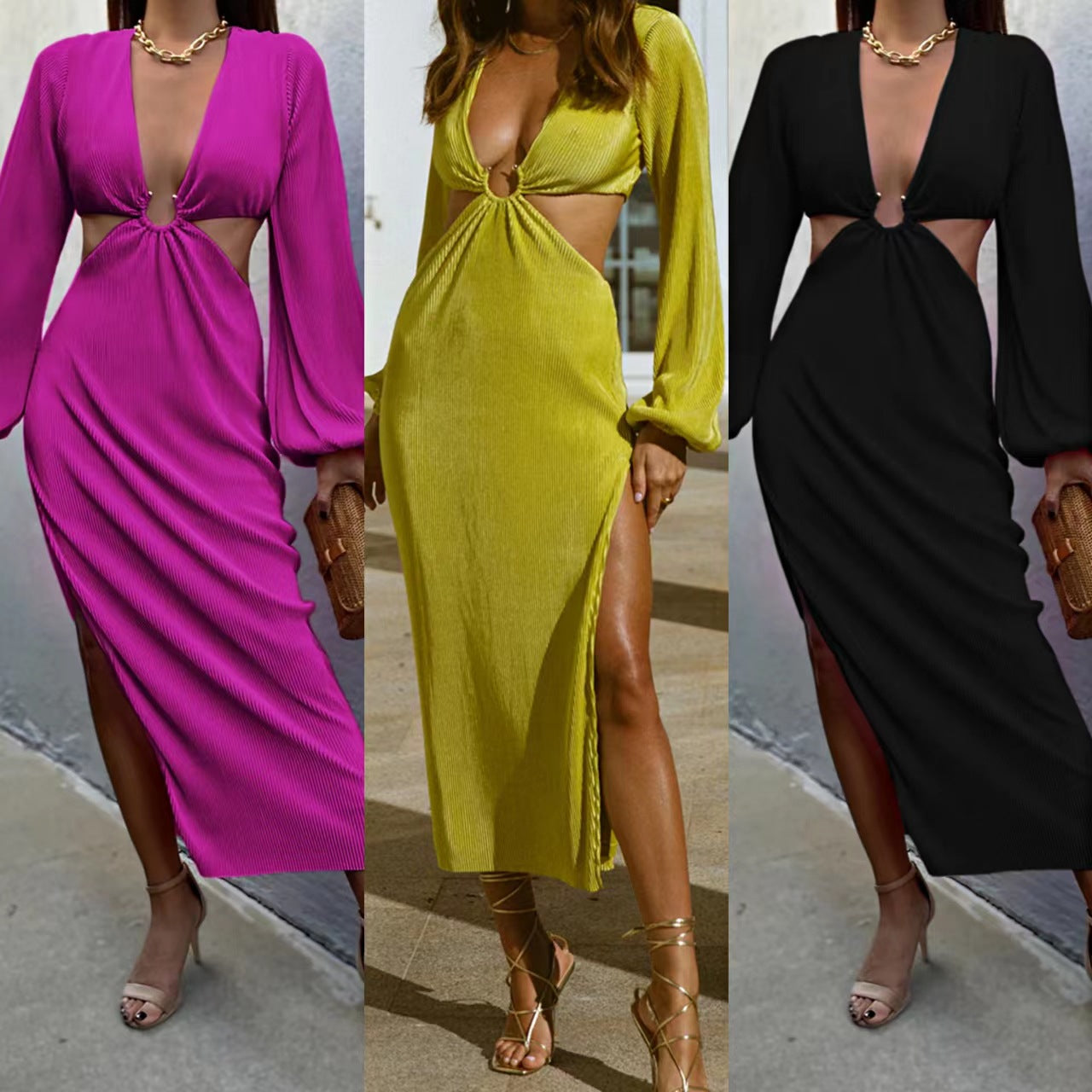 Deep V-Neck Hollow Waist Spilt Long Sleeve Dress