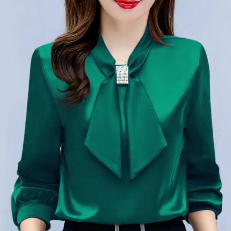 Satin V-Neck Bow Diamante Long Sleeve Blouse