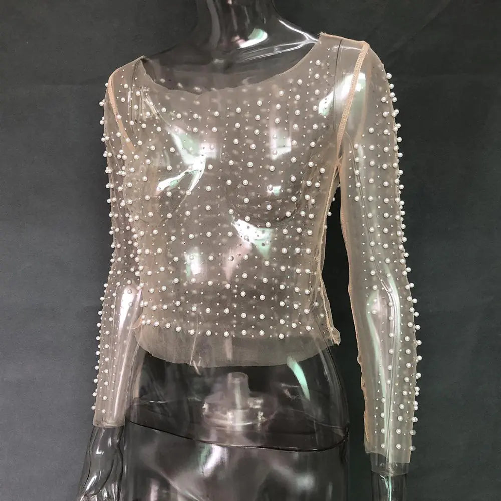 Pearl and Diamante Mesh Patchwork Crop Top