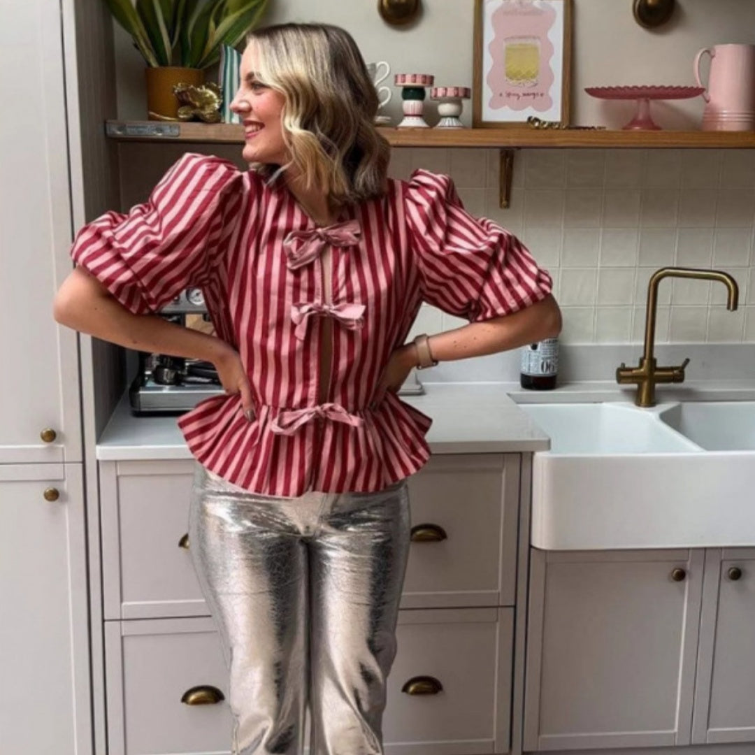 Stripes Bow Padded Shoulder Short Sleeve Top