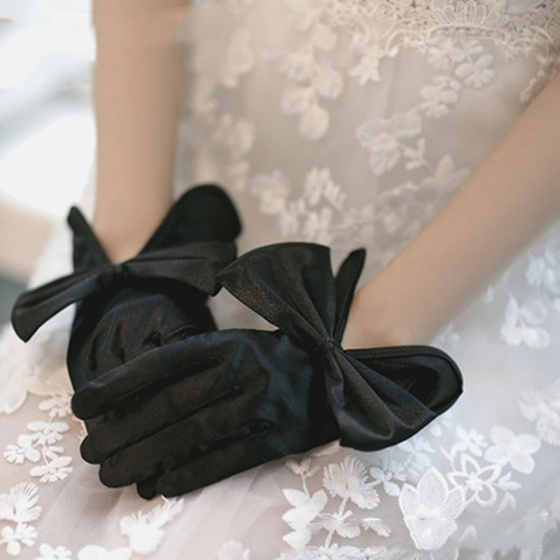 Satin Pearl Lace Bow Short Gloves