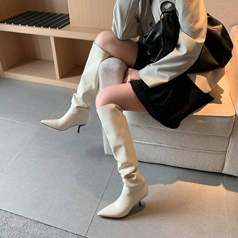 Mid-heel Long PU Leather Boots